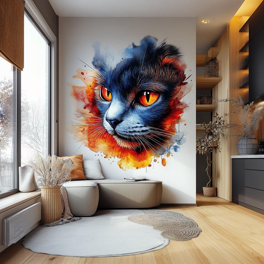 Colorful Cat Wall Decal | Watercolor Style Vinyl Sticker | Artistic Cat Face Wall Art | Modern Animal Mural | Indoor Feline Wall Decor