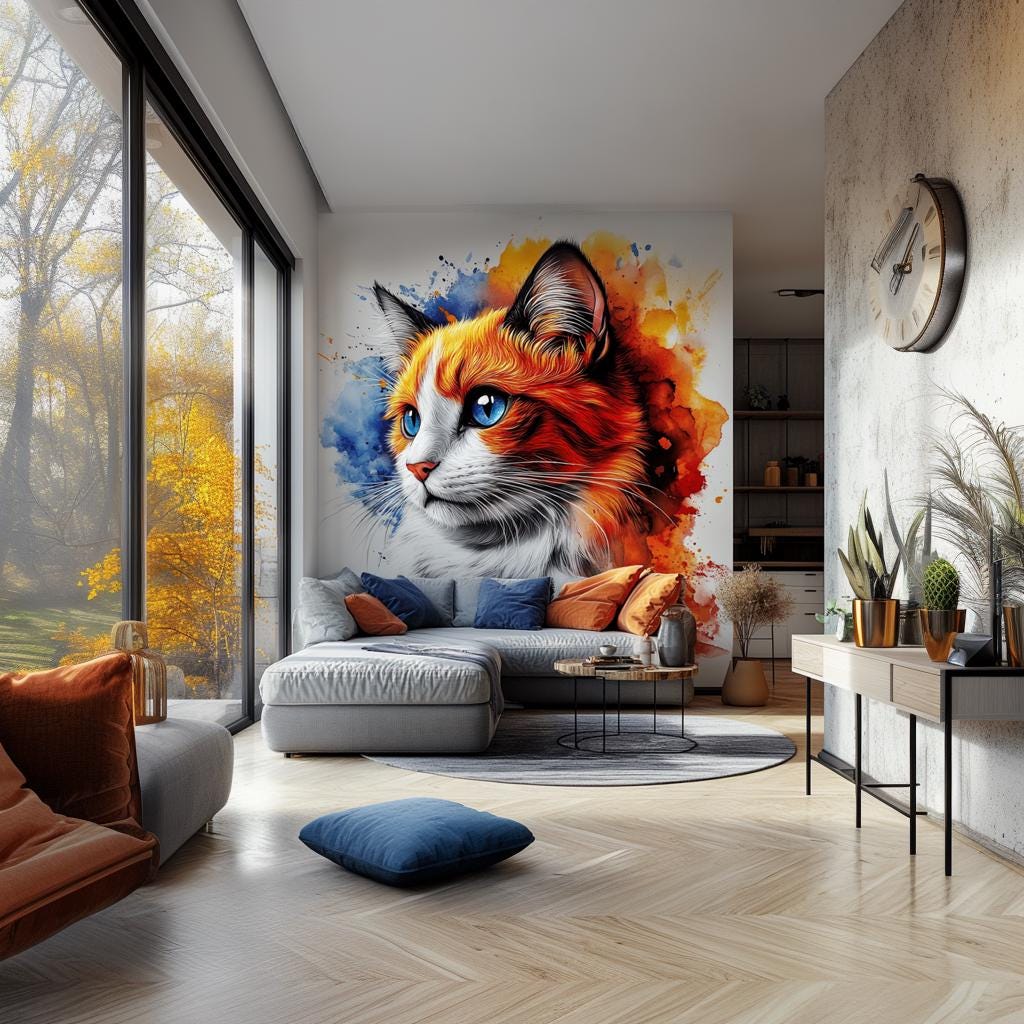 Cat Wall Decal | Blue Eyed Ginger Cat Watercolor Sticker | Artistic Vinyl Wall Art | Animal Mural for Living Room or Studio Decor