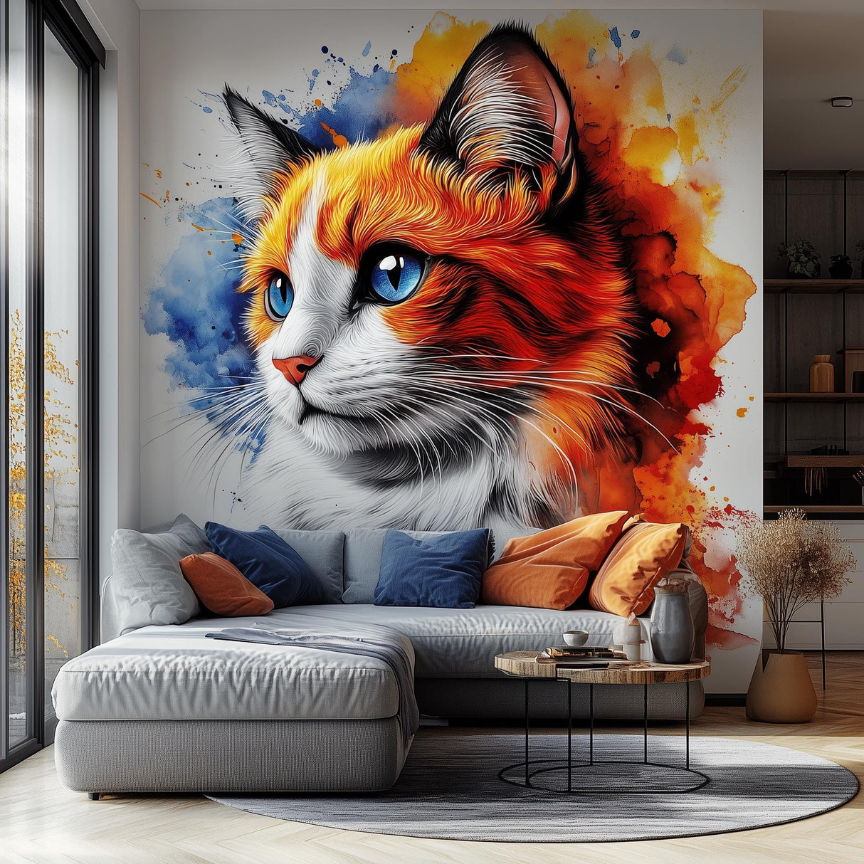 Vinyl wall decal featuring a ginger cat with intense blue eyes, surrounded by vibrant watercolor splashes in orange, red, and blue tones, applied to a living room wall behind a sectional sofa with blue and orange pillows.