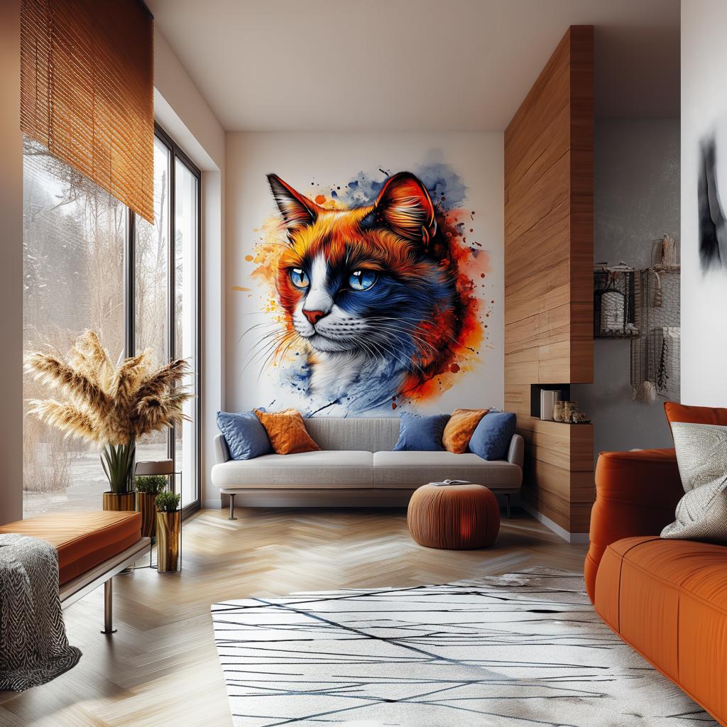 Calico Cat Wall Decal – Blue Eyed Domestic Shorthair Cat Sticker – Abstract Watercolor Style Vinyl Art – Colorful Wall Mural for Home Decor