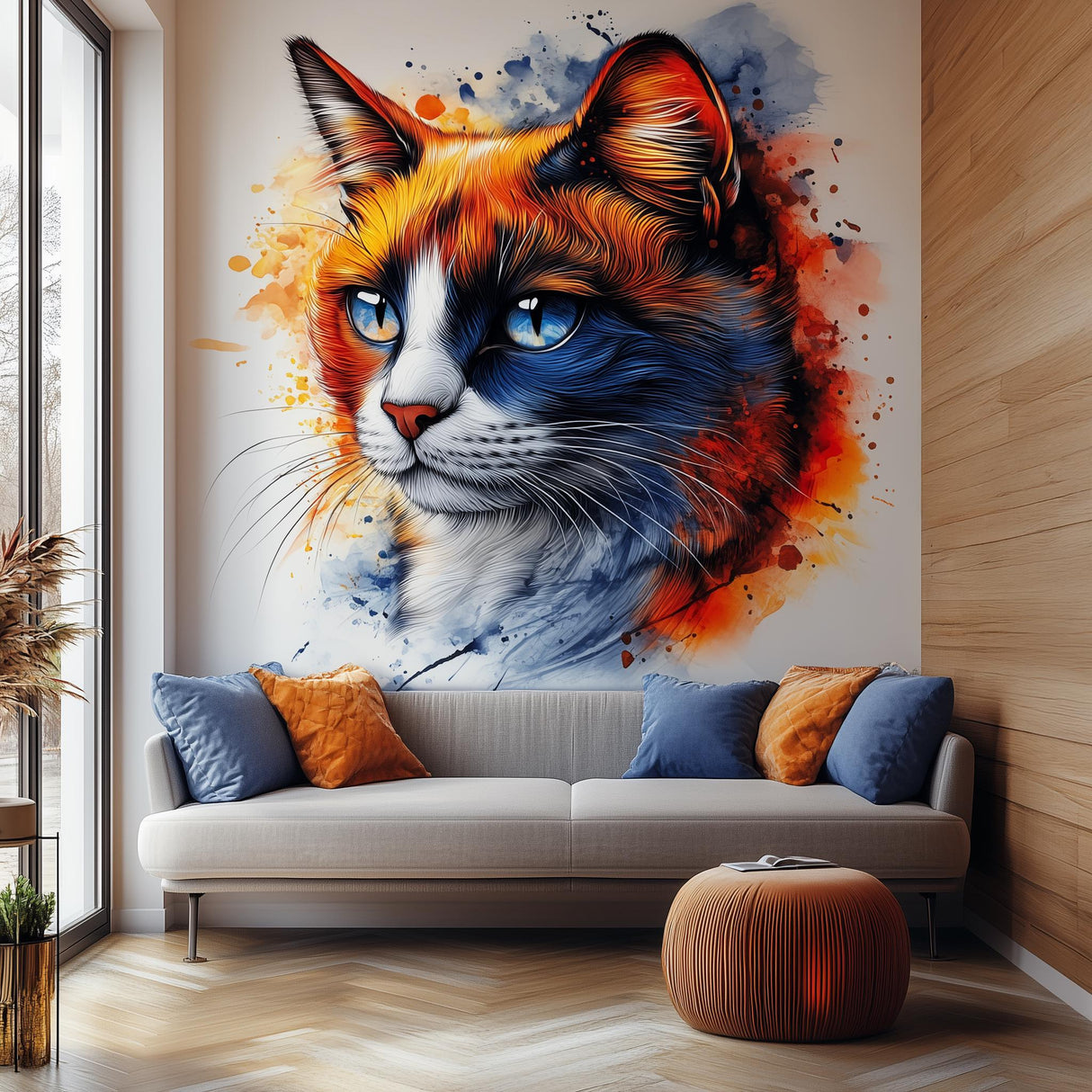 Artistic wall decal featuring a blue-eyed calico cat in a bold watercolor style, with splashes of orange, blue, and black, installed above a modern white couch with orange and blue pillows.