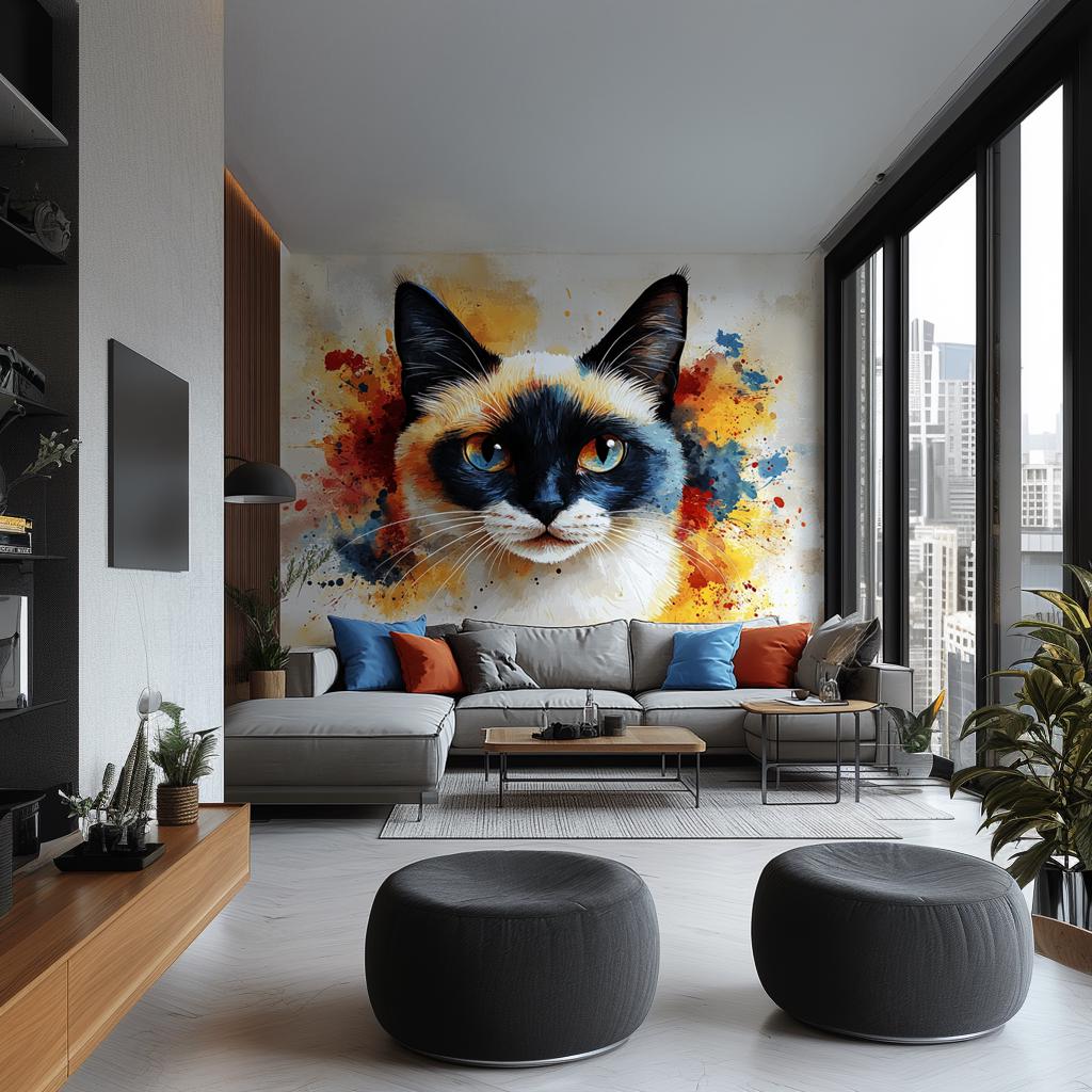 Siamese Cat Wall Decal – Blue Eyed Cat Face Vinyl Sticker – Watercolor Style Animal Mural – Colorful Wall Art for Living Room or Bedroom