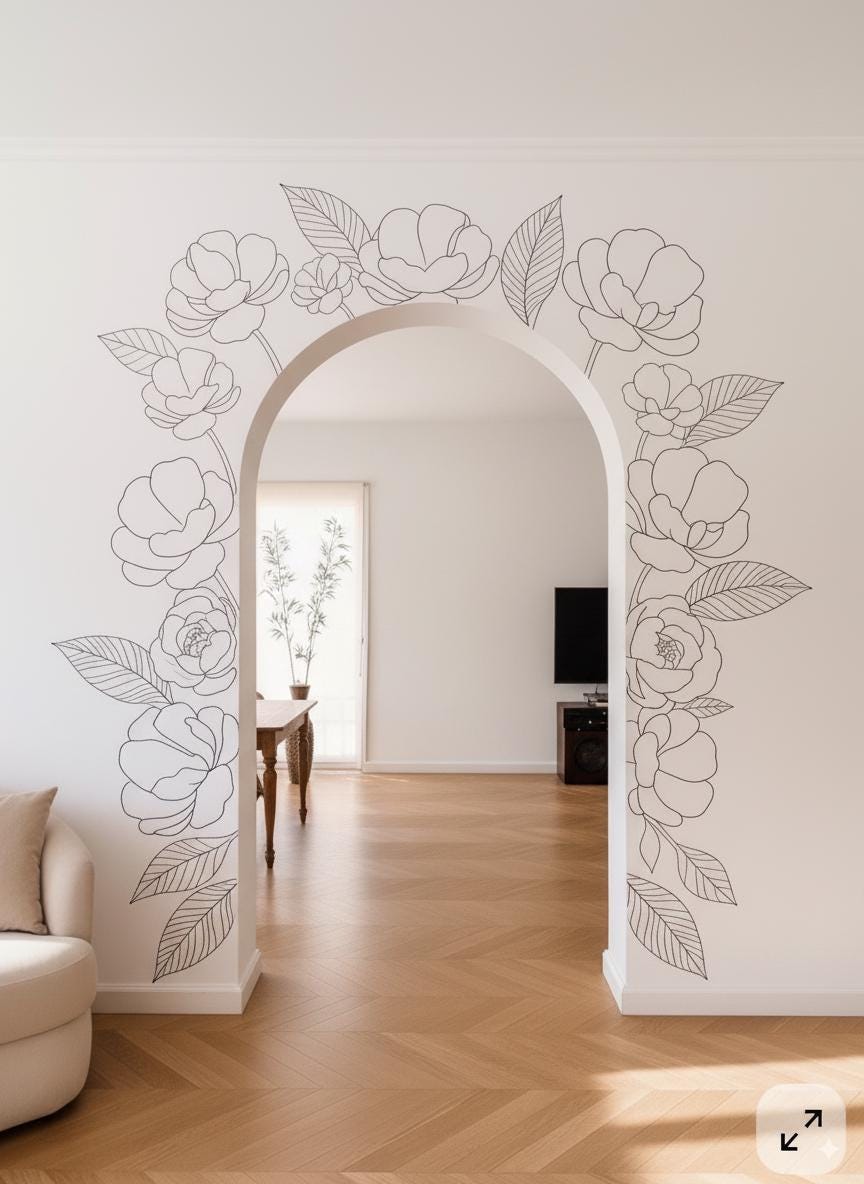 Floral Wall Decal Set | Outline Flower and Leaves Stickers | Modern Vinyl Wall Decor | Botanical Line Art Wall Sticker Minimalist Home Decor