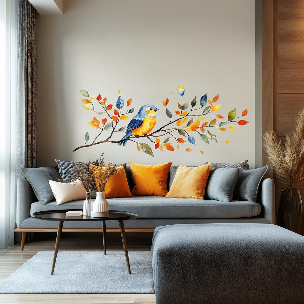 Bird on Branch Wall Decal | Watercolor Vinyl Sticker | Autumn Leaves Wall Art | Colorful Bird Wall Mural | Nature-Inspired Home Decor