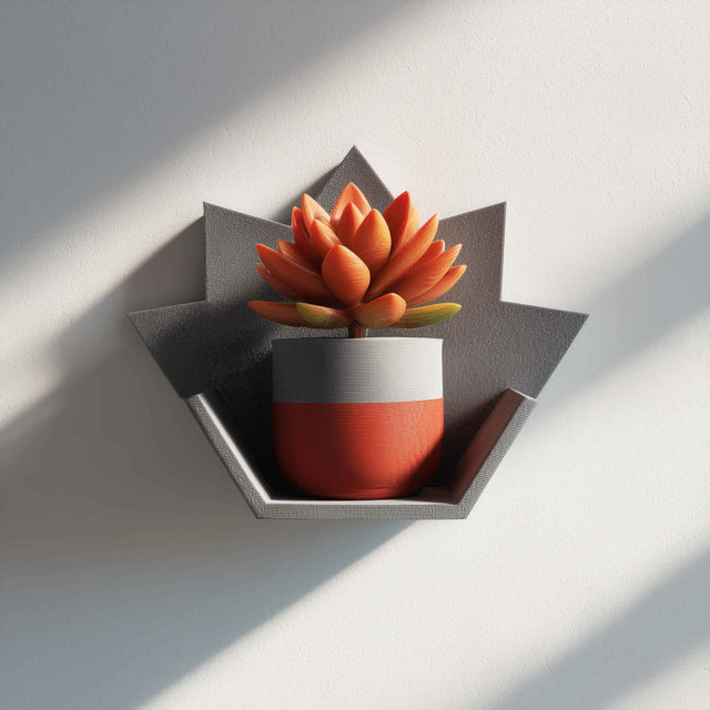 3D printed maple leaf form wall shelf in gray, holding a potted plant, displayed as modern minimalist decorative wall accent