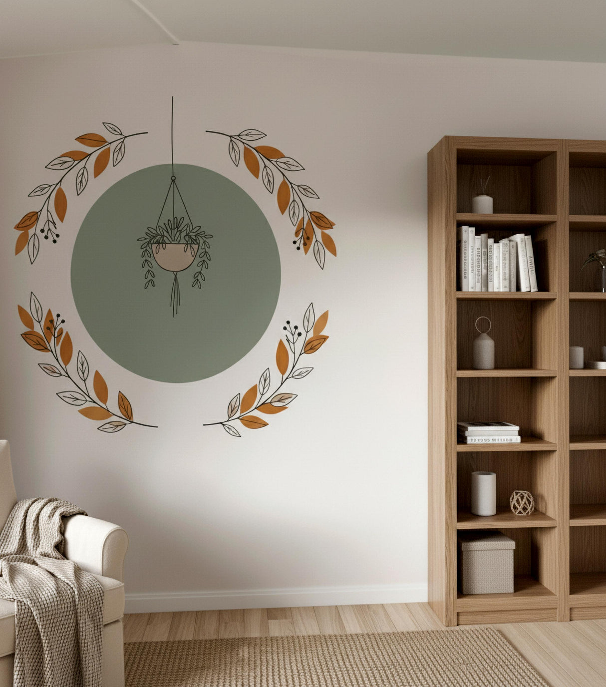 Hanging Plant Wall Decal | Botanical Circle Wall Art | Modern Boho Vinyl Wall Sticker | Minimalist Leaf Wreath Mural Green Terracotta Decor