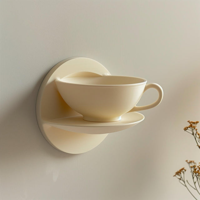 3D printed wall shelf shaped like a teacup and saucer, mounted on wall in soft natural light, modern minimalist kitchen or cafe decor accessory