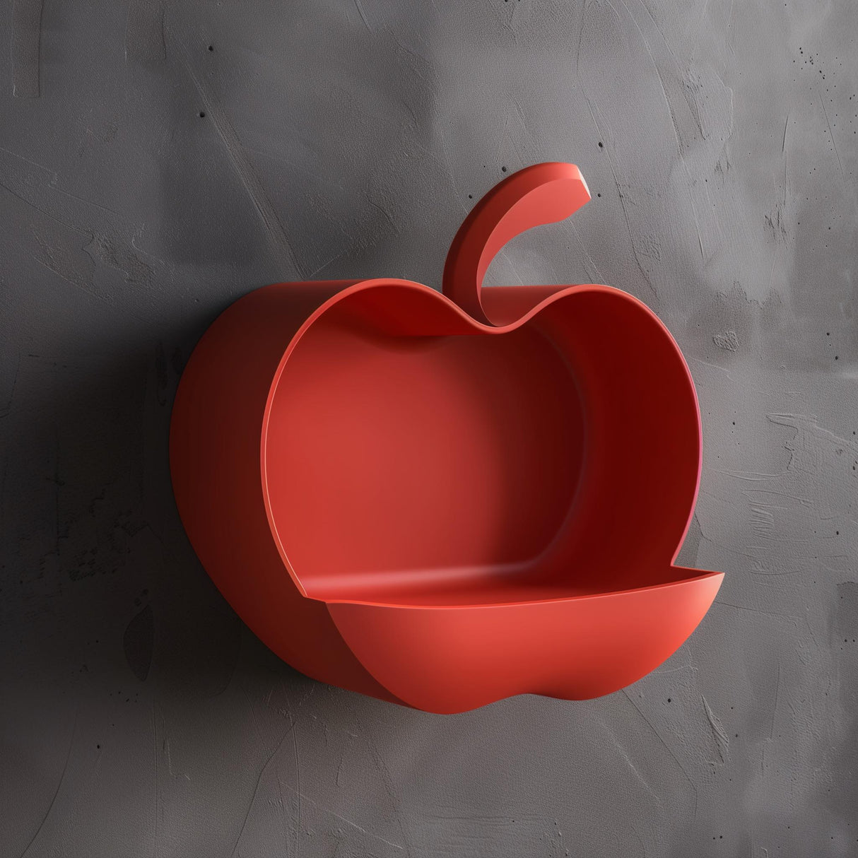 3D printed wall shelf shaped like an apple, mounted on wall, modern minimalist fruit-inspired home decor accessory