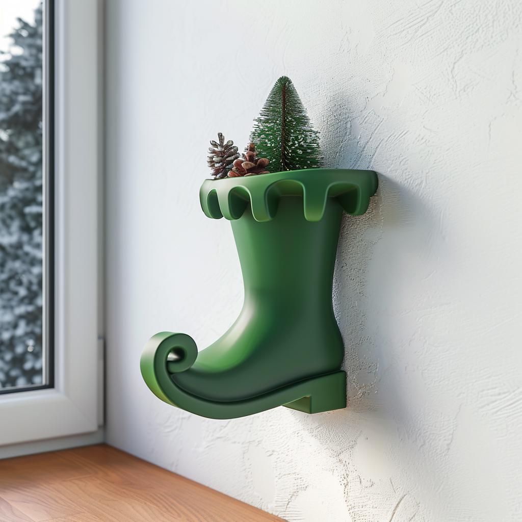 3D Printed Elf Boot Wall Vase Shelf | Whimsical Christmas Decoration | Festive Holiday Wall Decor Accent for Cozy Modern Homes & Kitchens