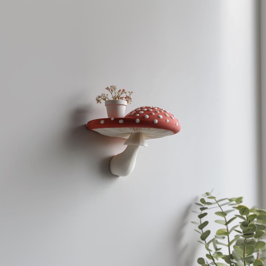 3D Printed Mushroom Wall Shelf | Amanita Toadstool Floating Ledge | Whimsical 3D Printed Wall Decor for Cozy Fantasy Inspired Interiors