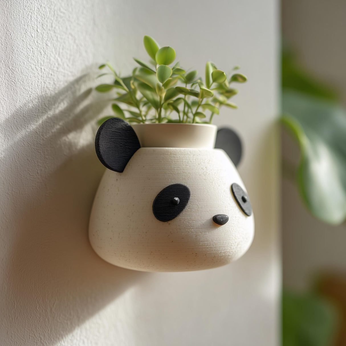 3D printed wall-mounted planter shaped like a cute panda head in matte speckled PLA, holding a small green plant against a light wall in soft natural light.