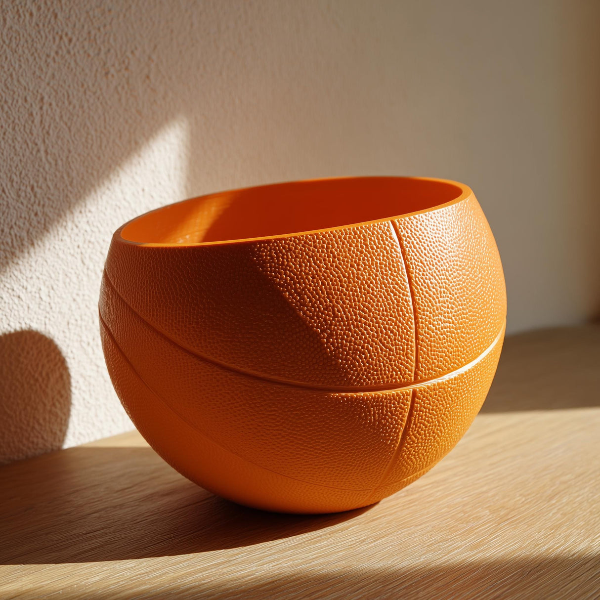 Orange 3D printed bowl shaped like a sliced basketball made from matte PLA, standing on a wooden surface in soft natural light.