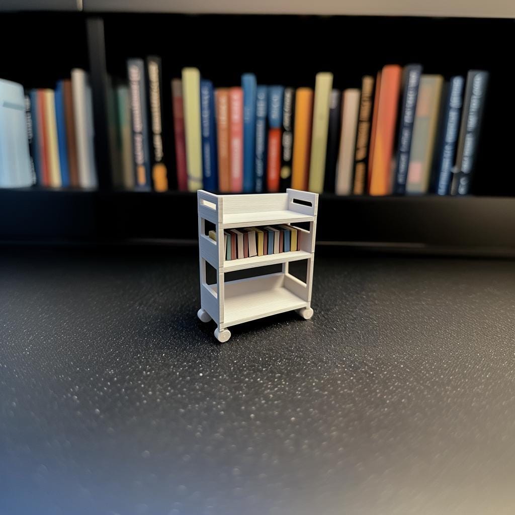 Dollhouse Library Cart | 1:12 Scale Miniature Bookshelf | 3D Printed Rolling Bookcase