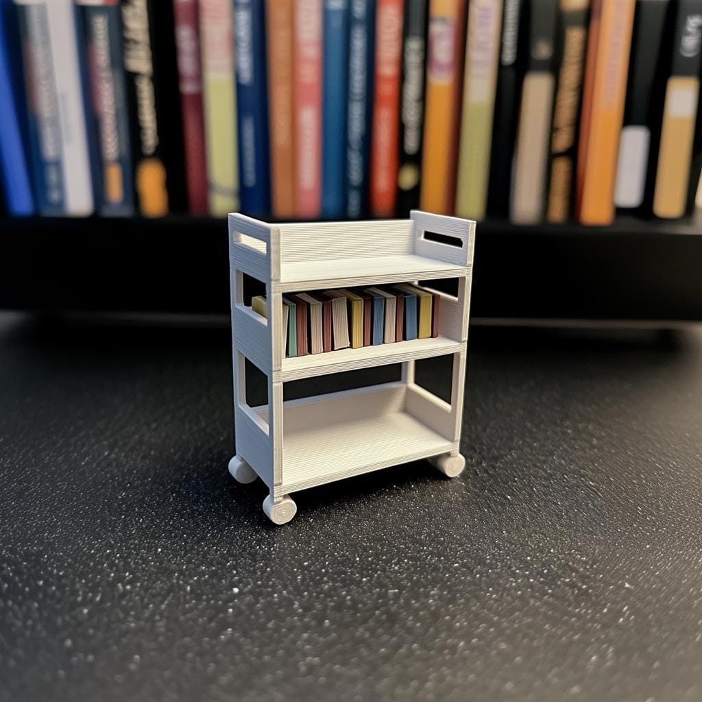 Dollhouse Library Cart | 1:12 Scale Miniature Bookshelf | 3D Printed Rolling Bookcase