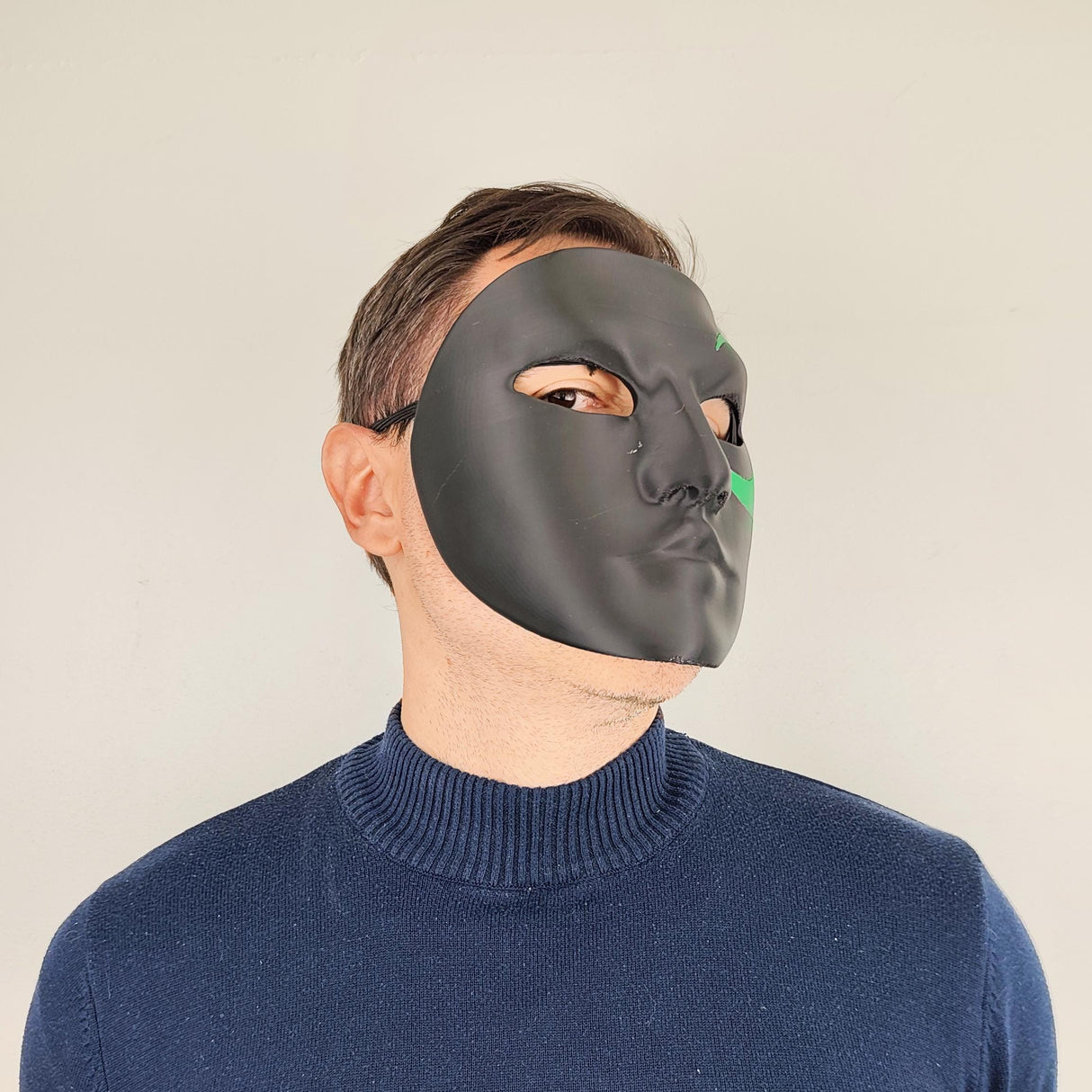 Full Face Mask for Cosplay | 3D Printed Black Mask with Green Eye Detail | Halloween Costume Prop