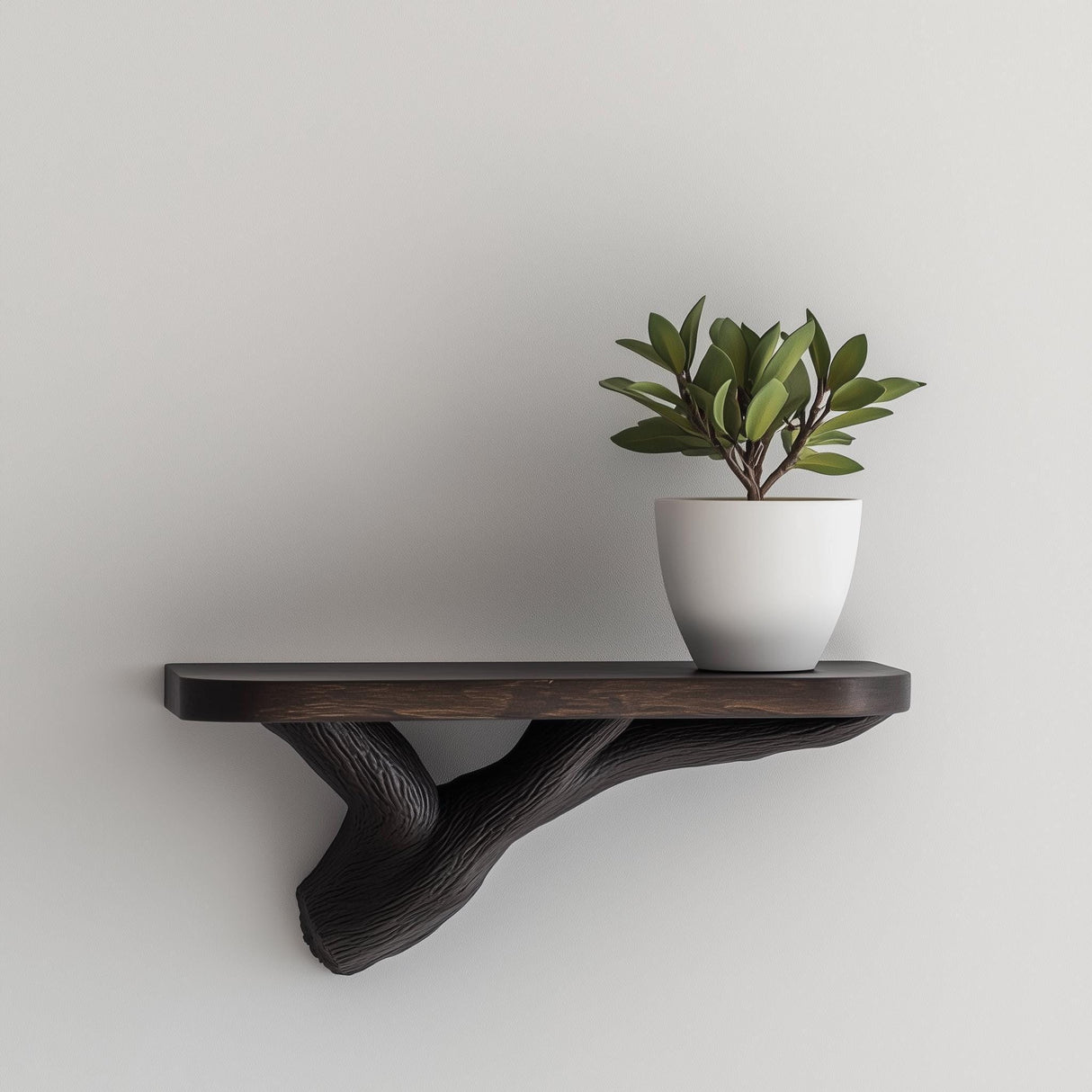 Dark wood-effect 3D printed floating wall shelf with realistic tree branch structure, holding a small white pot with a green plant.