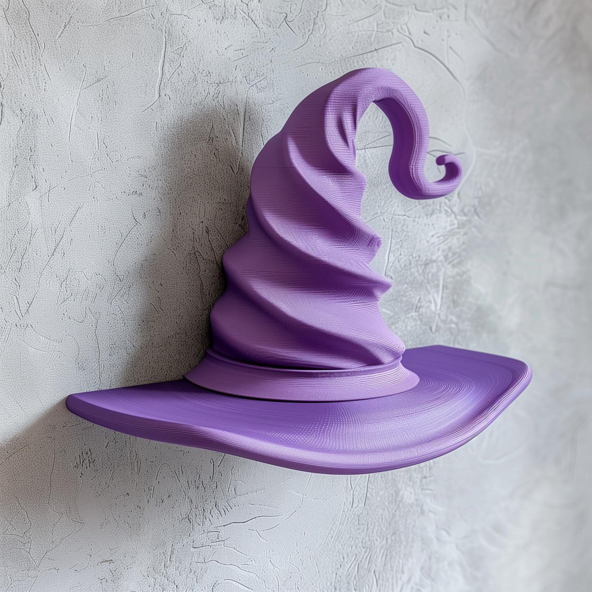 3D printed wall shelf shaped like a twisted purple wizard hat, matte PLA texture, mounted on a light textured wall and used as a small floating shelf.