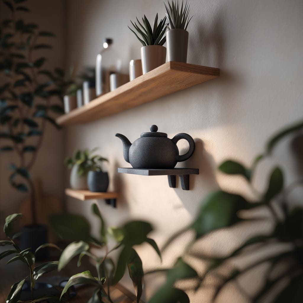 3D Printed Teapot Wall Shelf with Hidden Storage | Modern Kitchen Decor Accent for Tea Lovers, Entryway Keys and Small Treasures Organizer