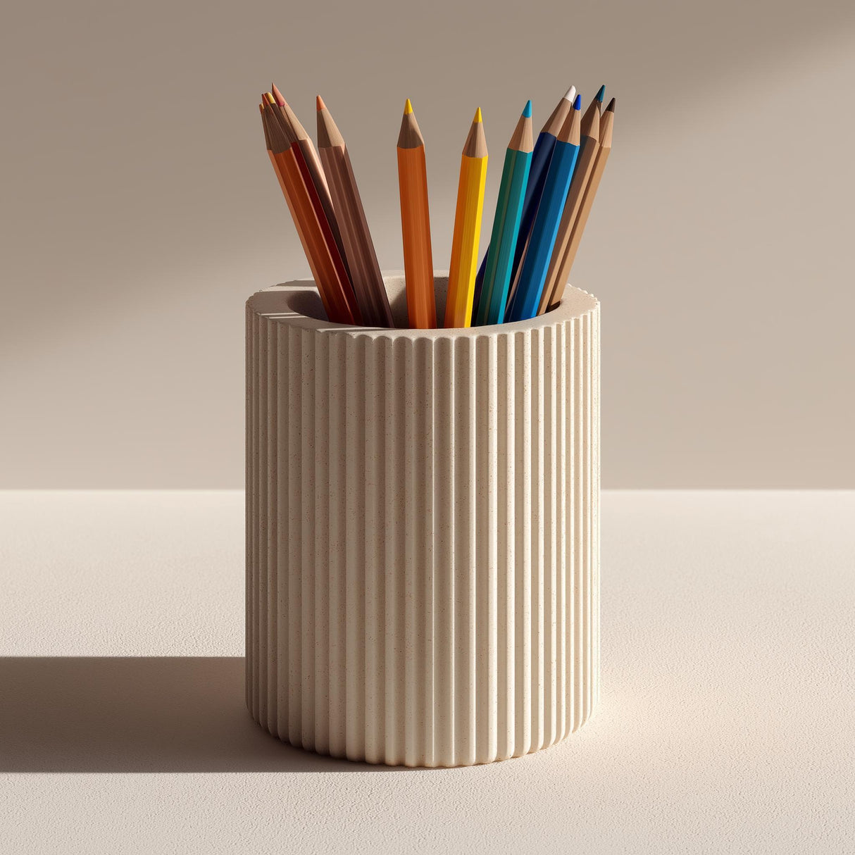 Cream-colored cylindrical 3D printed pencil holder with vertical ribbed grooves, shown with colorful pencils for illustration; pencils are not included.