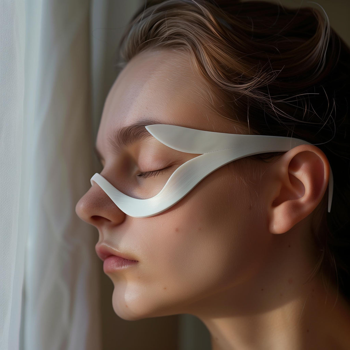 Side view of an adult wearing a minimalist white 3D printed visor-style mask glasses, sculptural band around the eyes and nose, in soft natural light.