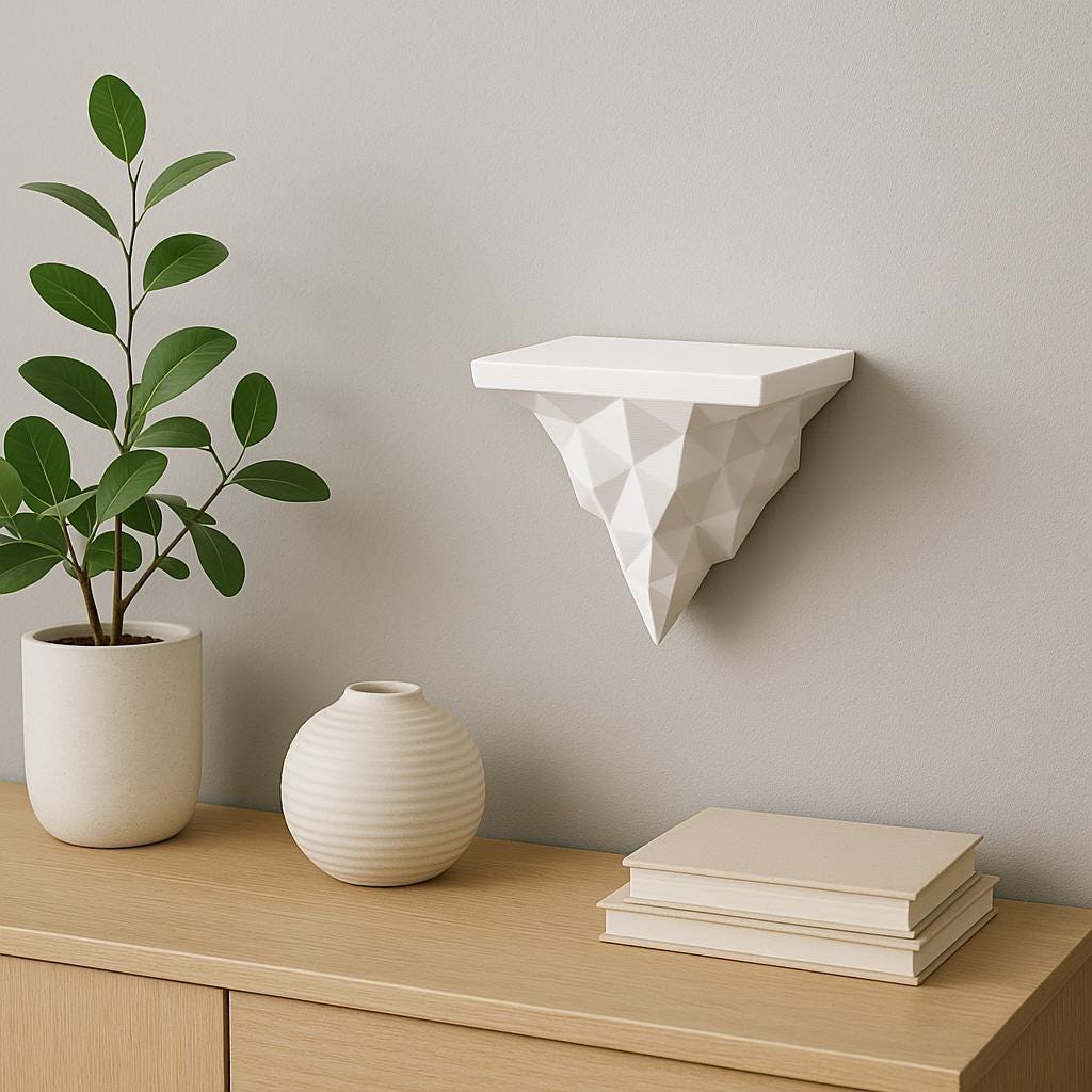 A white 3D printed wall shelf with a faceted, geometric triangle base mounted on a light gray wall above a modern wood sideboard with minimalist decor.