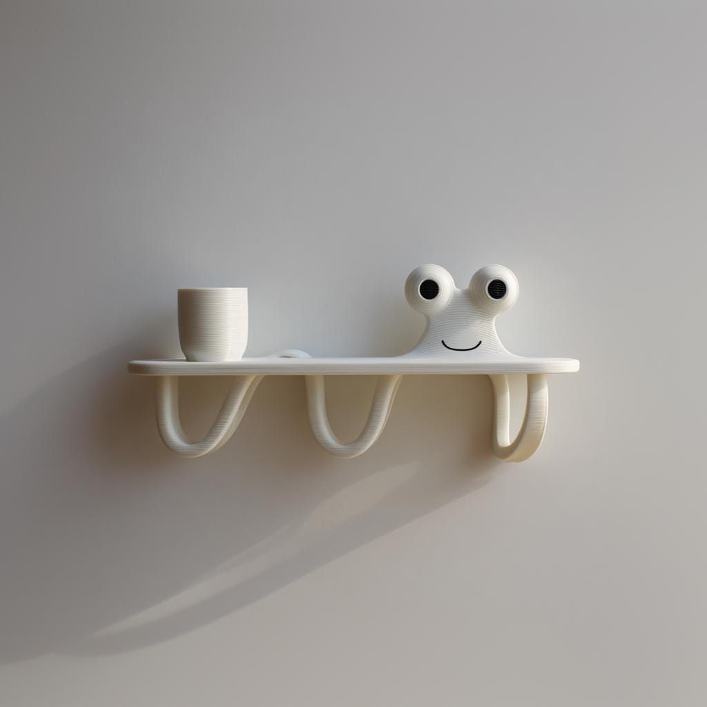 3D Printed Squiggle Friend Wall Shelf | Minimalist Character Floating Ledge with Curved Hooks | Playful Room Decor Accent for Cozy Home