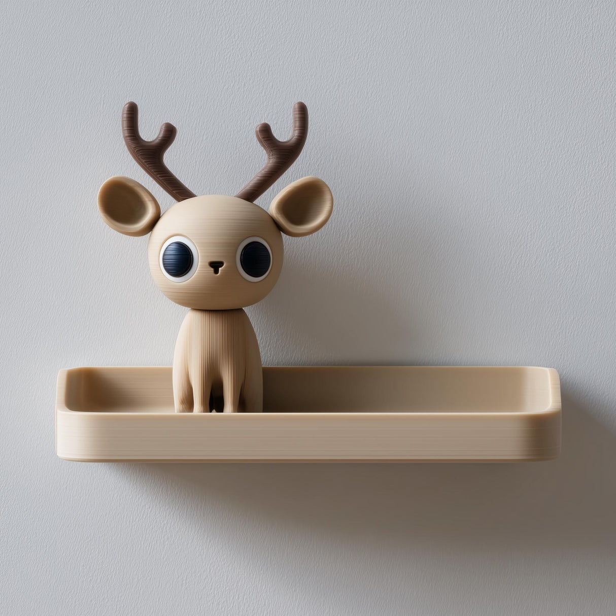 3D printed wall shelf with a small deer character with tall antlers sitting in a shallow tray, made of matte PLA plastic on a light-colored wall.