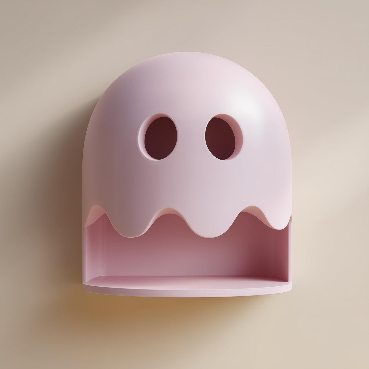 3D printed wall shelf shaped like a rounded ghost with eye cutouts and an open niche shelf below, made from matte PLA plastic on a light wall.