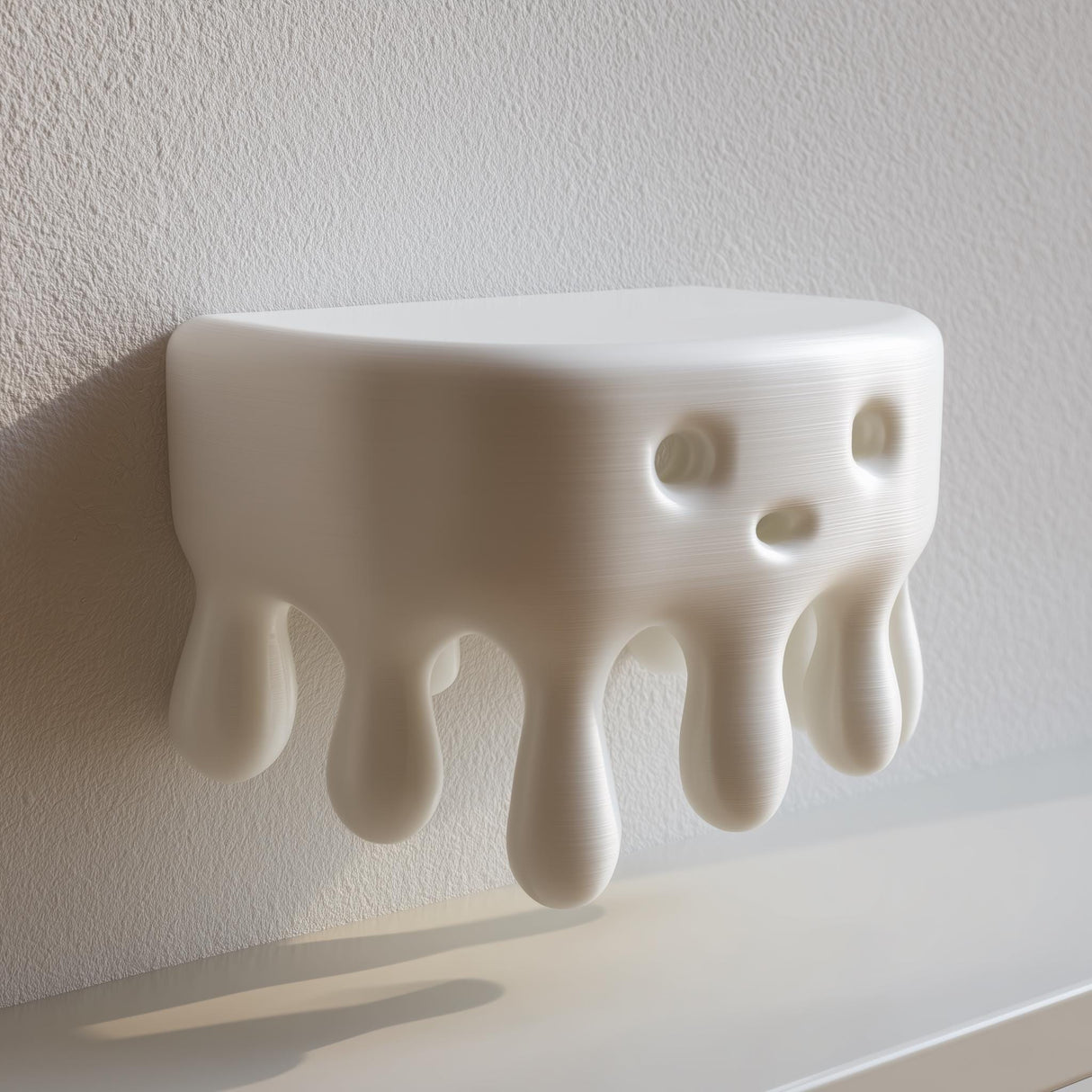 3D printed wall shelf shaped like a rounded dripping blob with a small face on the front, mounted on a light textured wall.