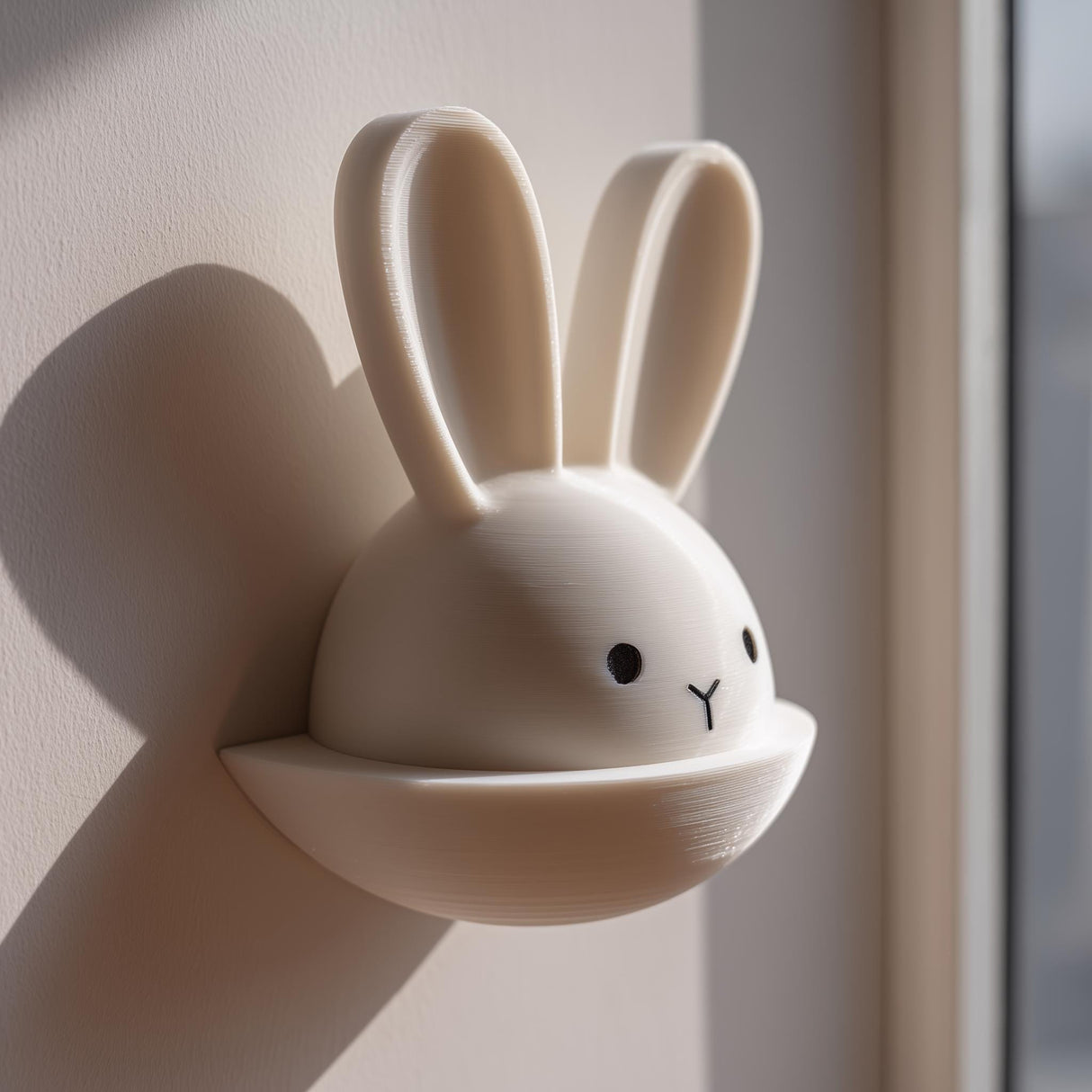 3D printed wall decor shaped like a bunny head with long ears and a small semicircular pocket below, mounted on a light wall near a window.