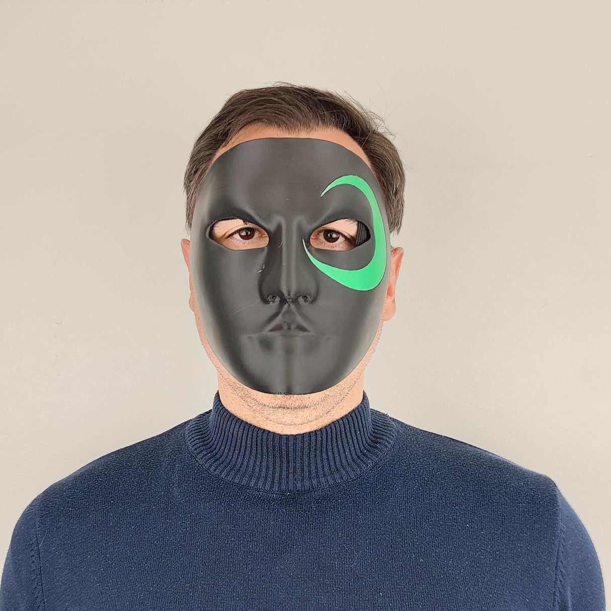 Full Face Mask for Cosplay | 3D Printed Black Mask with Green Eye Detail | Halloween Costume Prop