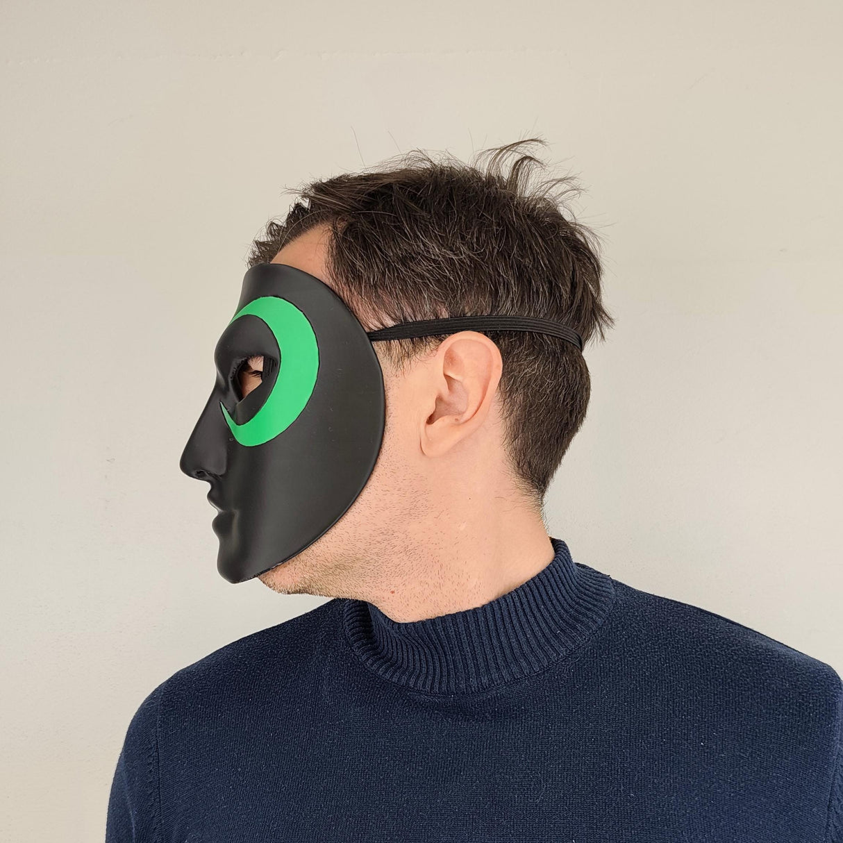 Full Face Mask for Cosplay | 3D Printed Black Mask with Green Eye Detail | Halloween Costume Prop