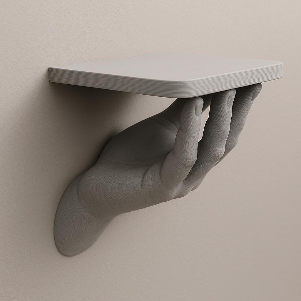 A gray 3D printed wall shelf supported by a sculpted human hand extending from the wall, with a smooth matte finish and minimalist design.