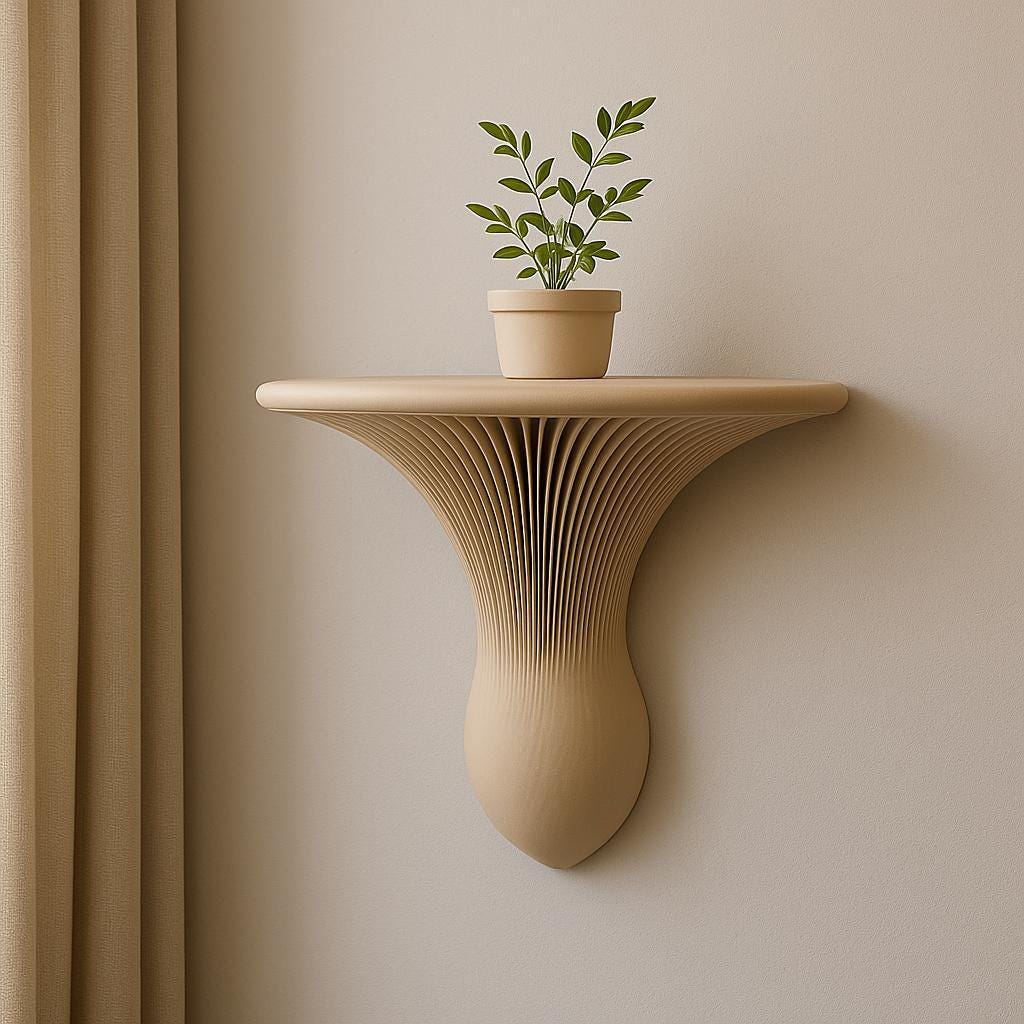 A sculptural wall-mounted shelf in matte beige, 3D printed with elegant vertical ribbing. Shaped like a soft organic curve, it holds a small potted plant and blends into a neutral-toned minimalist interior.
