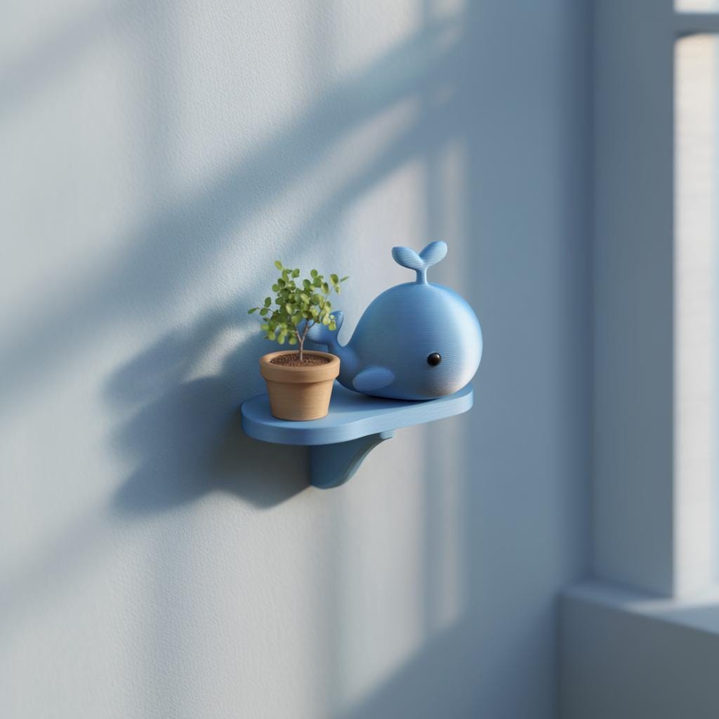 3D Printed Whale Wall Shelf | Cute Ocean Nursery Floating Ledge | Playful Kids Room Wall Decor Accent for Modern Cozy Home Interior Spaces