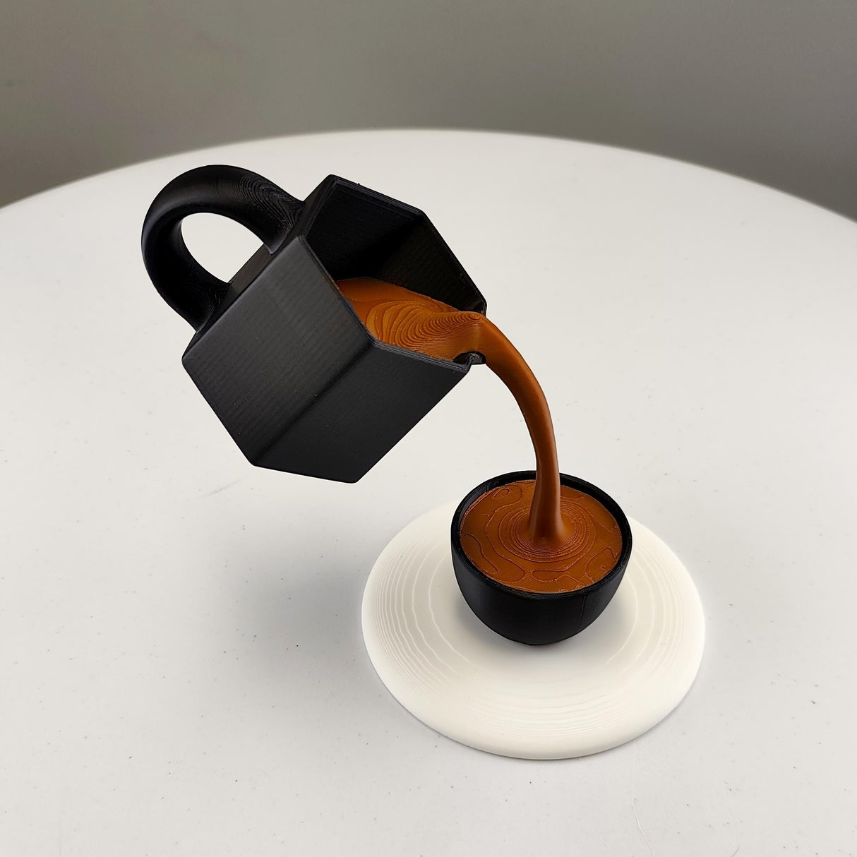 Floating Coffee Pour Sculpture | Black 3D Printed Coffee Art Optical Illusion Kitchen Decor | Coffee Lover Gift Barista Unique Coffee Bar