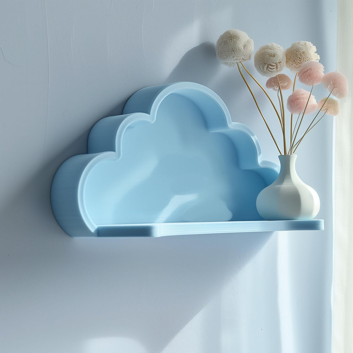 3D printed wall shelf shaped like a cloud, mounted on wall near window, minimalist and modern nursery or home decor accessory