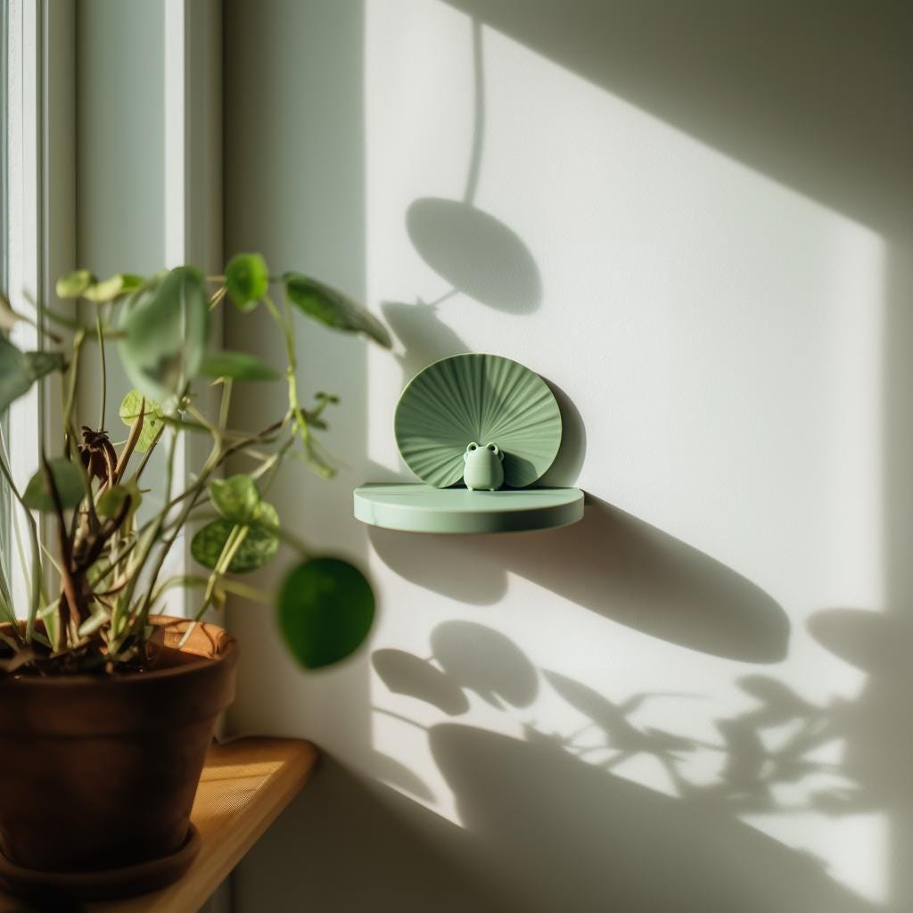 3D Printed Frog Wall Shelf | Minimalist Lily Pad Inspired Floating Ledge | Cute Modern Wall Decor Accent for Cozy Relaxed Home Interiors