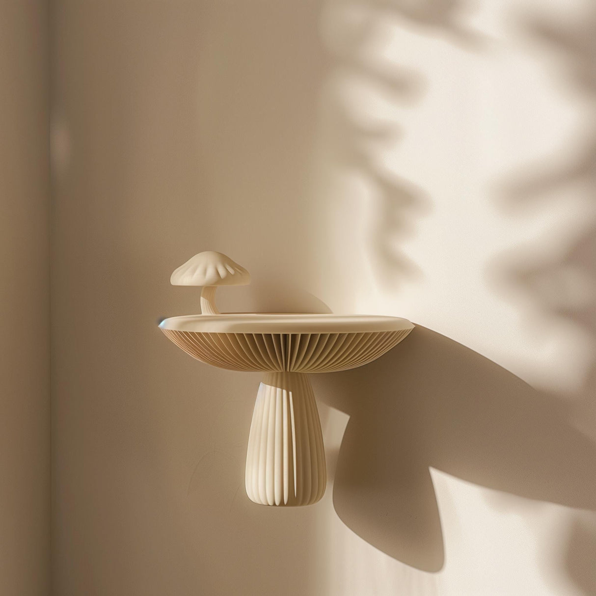 3D printed mushroom-shaped wall shelf made of matte PLA plastic, mounted on a softly lit wall, modern organic home decor accessory
