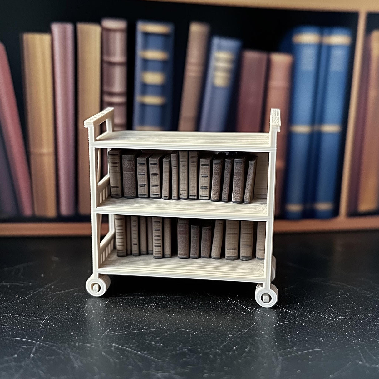 Dollhouse Library Cart | 1:12 Scale Miniature Bookshelf | 3D Printed Rolling Bookcase