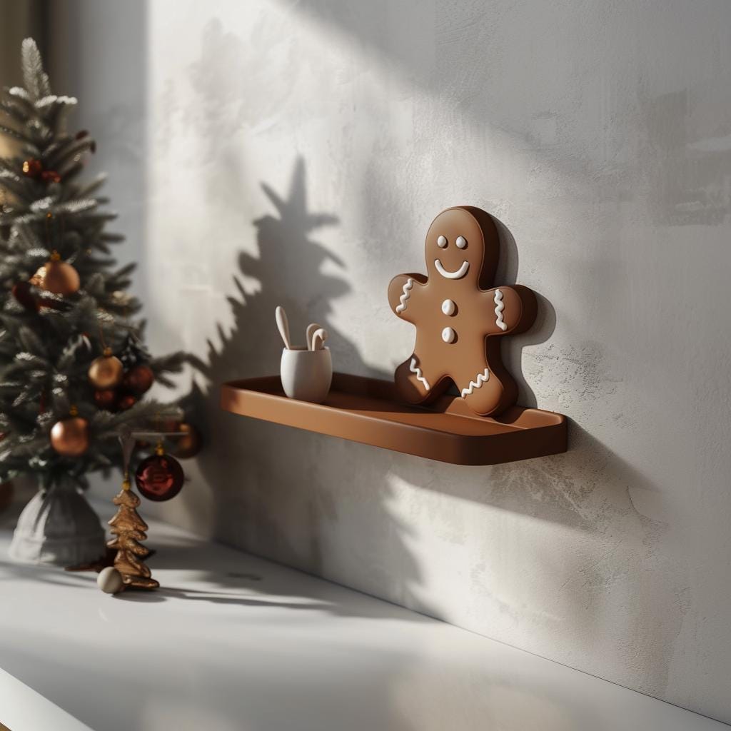 3D Printed Gingerbread Man Wall Shelf | Modern Christmas Floating Shelf Design | Unique Holiday Home Decor | Festive Wall Organizer