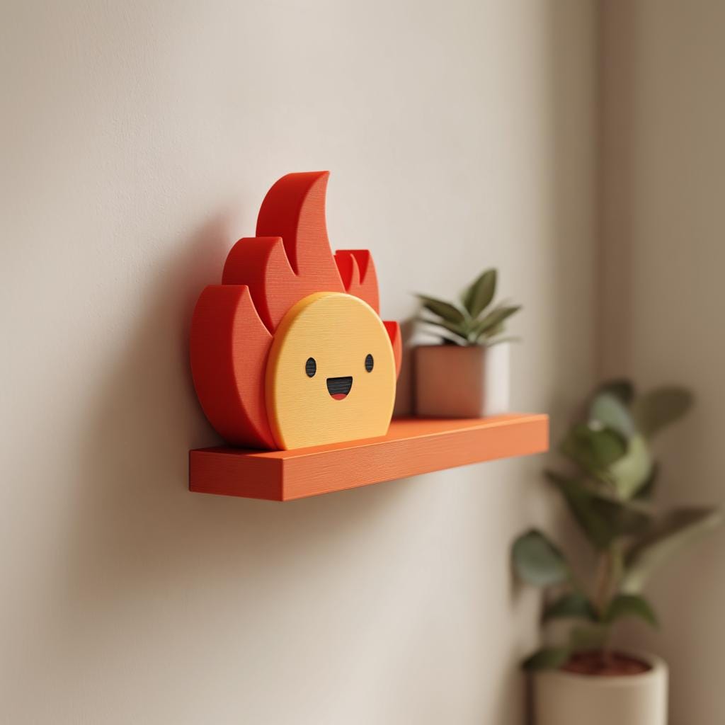 3D Printed Fire Sprite Wall Shelf | Minimalist Flame Character Floating Ledge Display | Cute Fun Room Decor Accent for Cozy Home Interiors