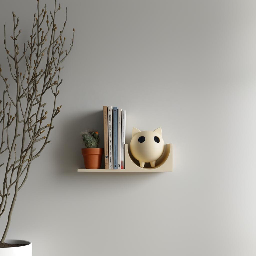 3D Printed Cat Bookend Wall Shelf | Minimal Round Kitty Floating Ledge | Cute Modern Wall Decor Accent for Books Plants and Home Interiors
