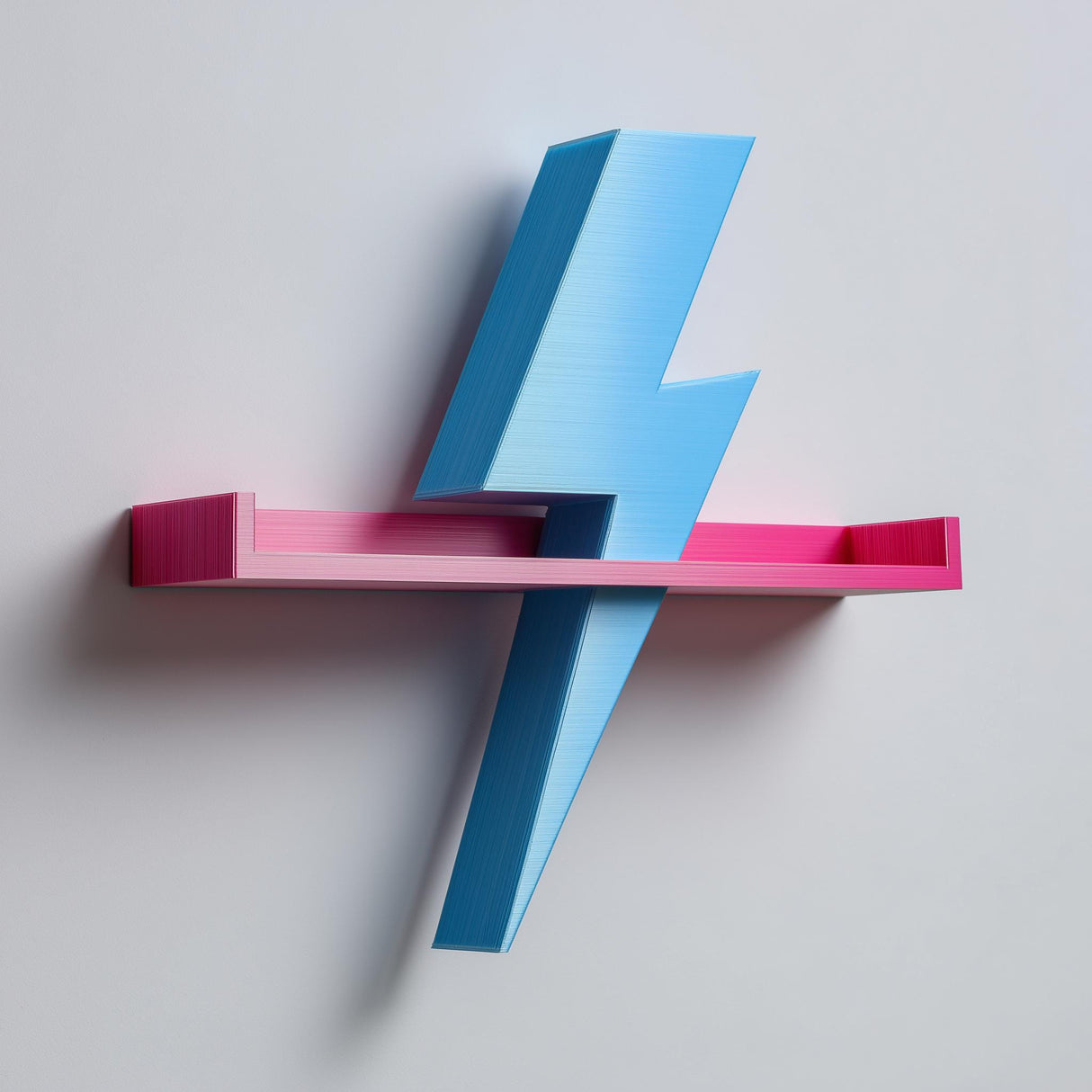 3D printed wall shelf shaped like a lightning bolt passing through a slim tray-style ledge, made of matte PLA plastic and mounted on a light wall.