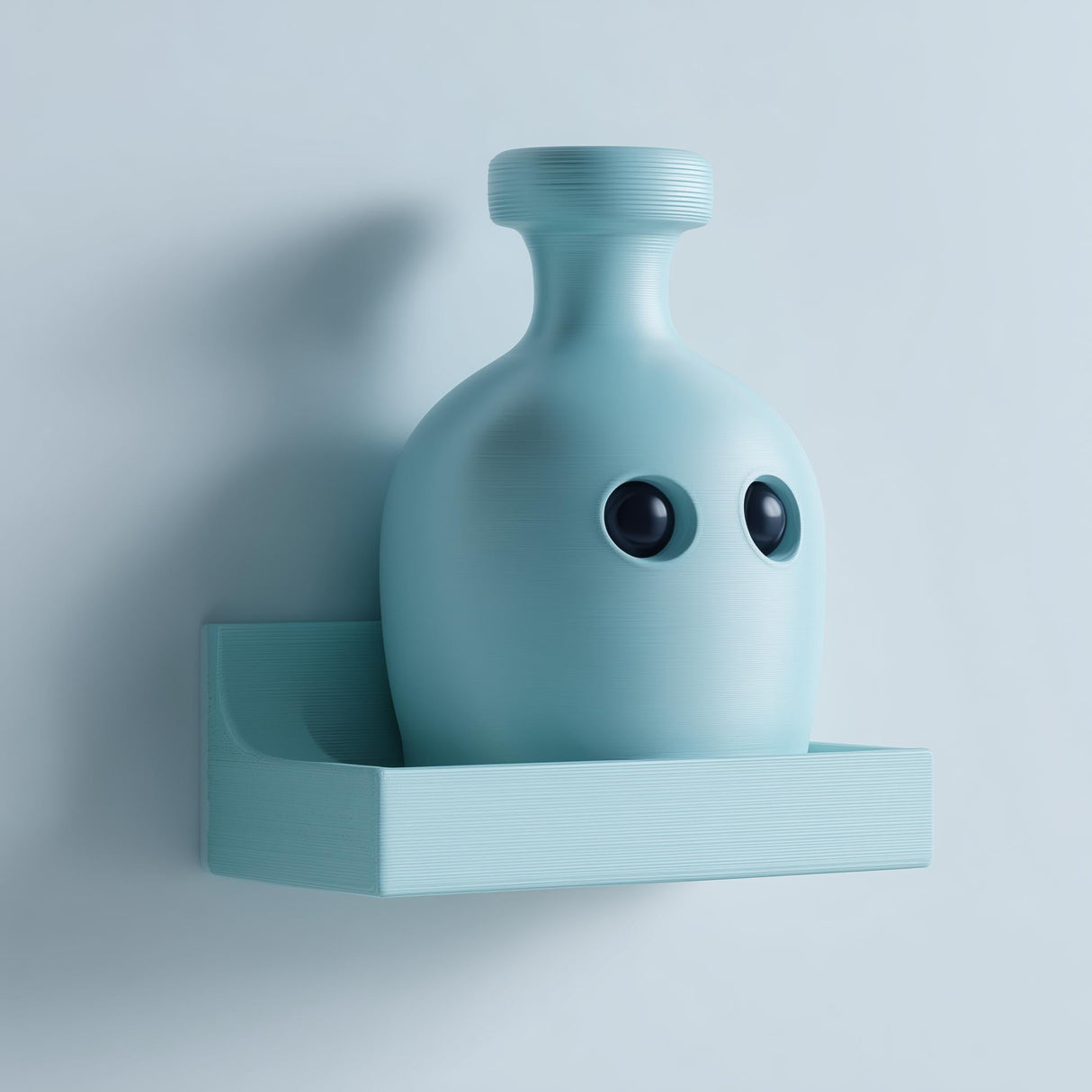 Cute 3D printed matte PLA wall shelf with an integrated kawaii potion bottle character, in soft pastel blue, mounted on a flat light-colored wall.