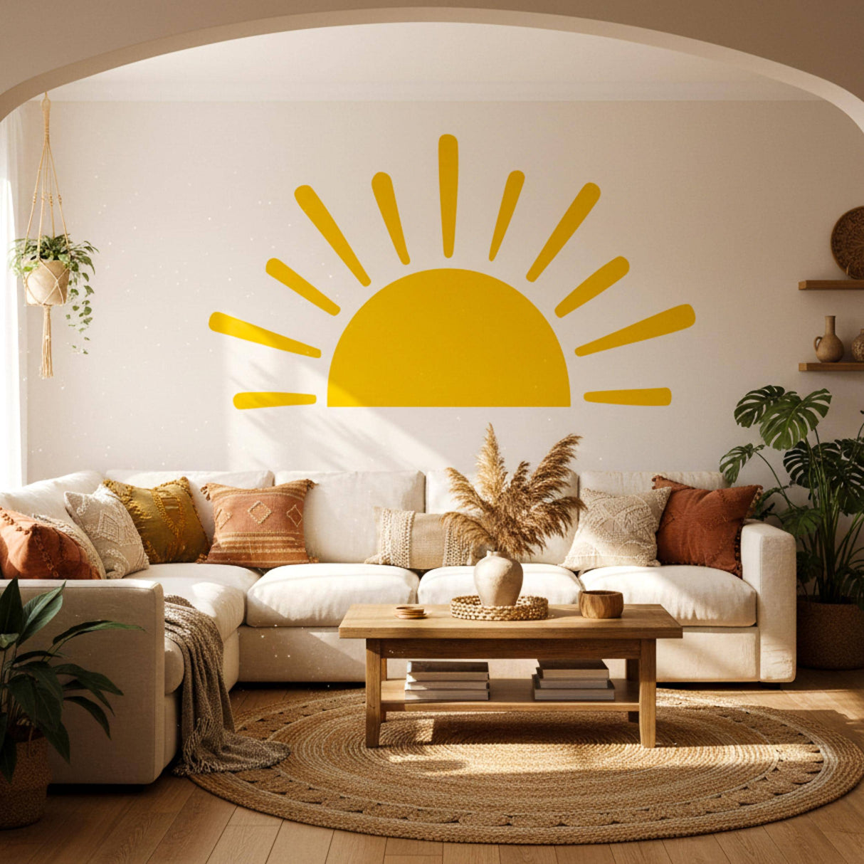 Minimalist yellow half-sun wall decal with stylized rays, suitable for a gender-neutral nursery, bohemian bedroom, or children's playroom decor.