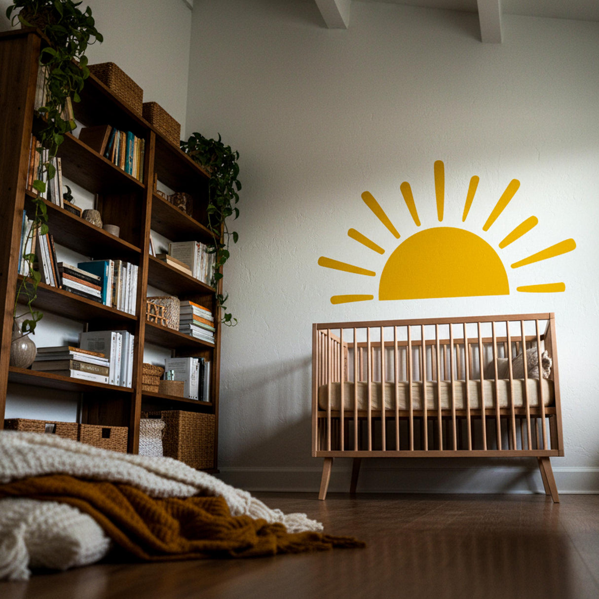 Minimalist yellow half-sun wall decal with stylized rays, suitable for a gender-neutral nursery, bohemian bedroom, or children's playroom decor.