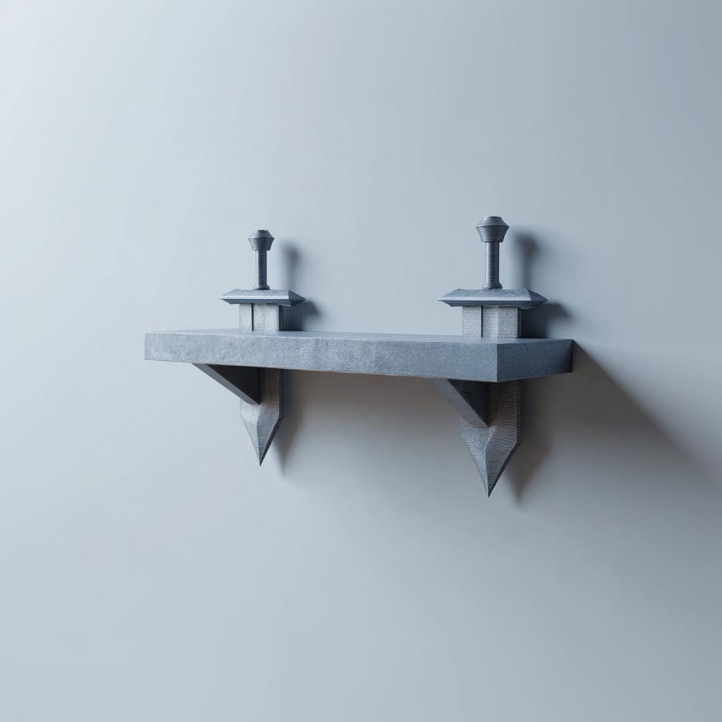 3D Printed Fantasy Sword Wall Shelf | Minimal Floating Ledge with Stylized Blade Supports | Modern Gaming Room and Medieval Decor Accent