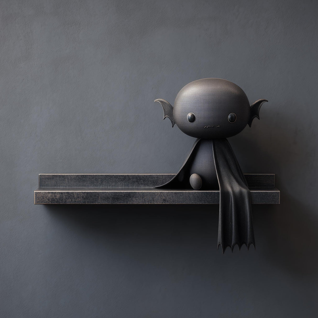 3D printed matte PLA wall shelf with a small vampire bat character and cape sitting on a double-step ledge against a dark wall.