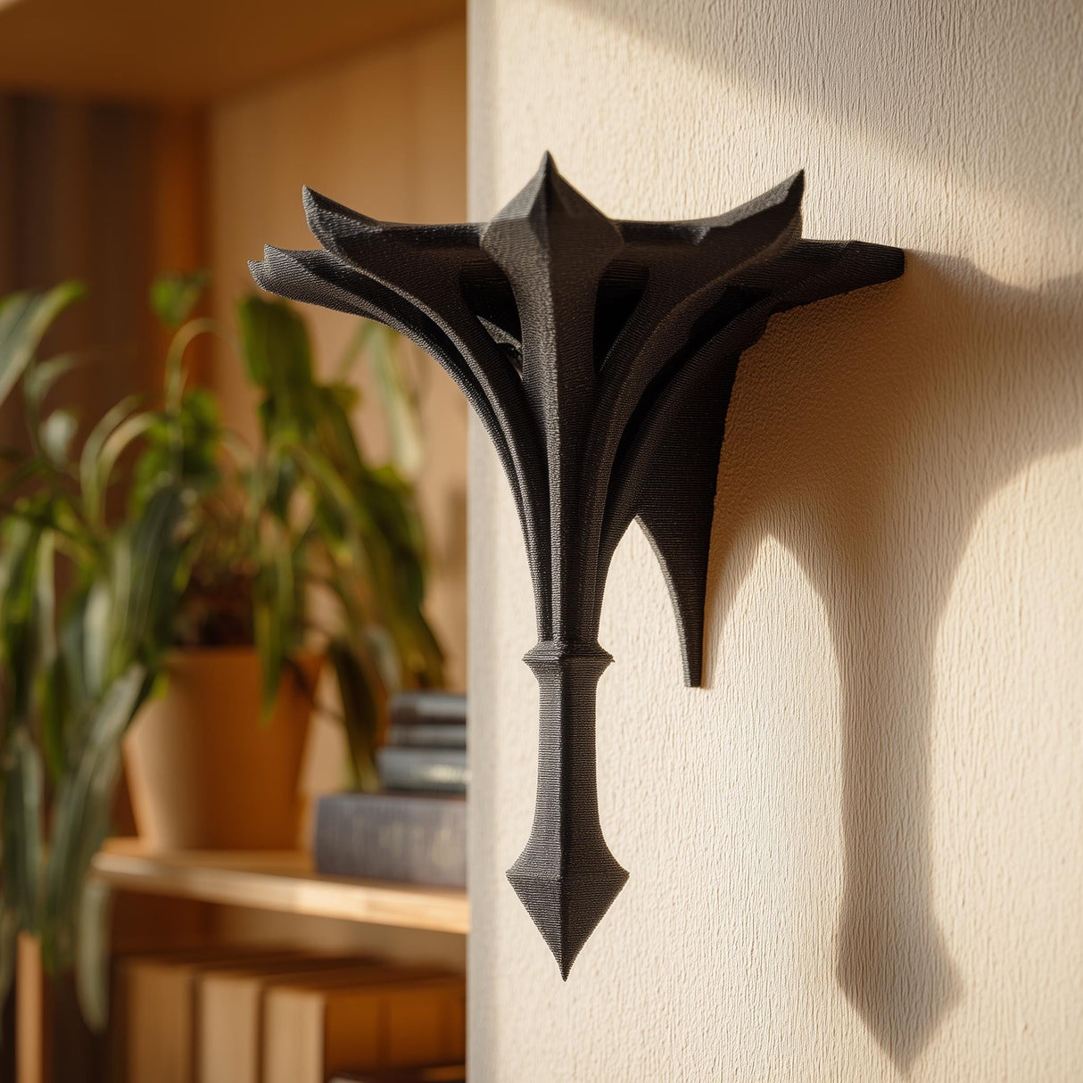 Small gothic-style 3D printed wall shelf bracket with a pointed spire shape, mounted on a light wall and used as a decorative display ledge.